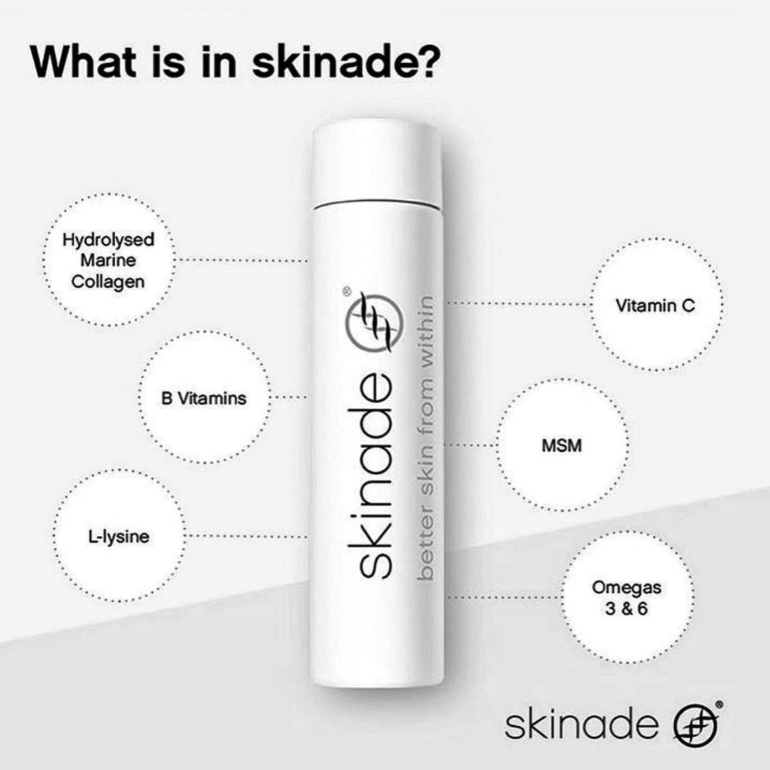Skinade collagen drink ingredients: hydrolyzed marine collagen, B vitamins, vitamin C, MSM, omegas, L-lysine.